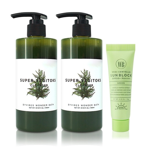 [SKU_32Y80JP_75G3RFN] Wonder Bath Super Vegetox Cleanser Green 300ml x 2p + Veggie Centella Sunblock 10g Set