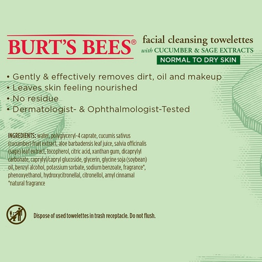 [SKU_32SGX4U_74IGIVA] Burt's Bees Facial Cleansing Towelette 17.5 x 18.7cm