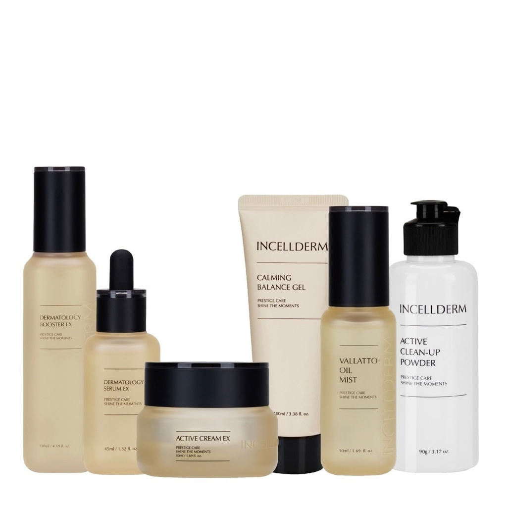 Incellderm 6-piece set product (Dermatology Booster + Serum + Active Cream + Oil Mist + Calming Balance Gel + Cleanup Powder)