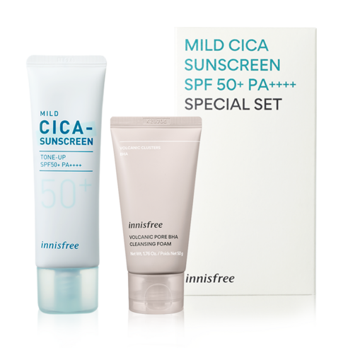 Innisfree True Mild Cica Inorganic Sunscreen SPF50+ PA++++ 50ml + Volcanic Pore BHA Cleansing Foam 50g Set