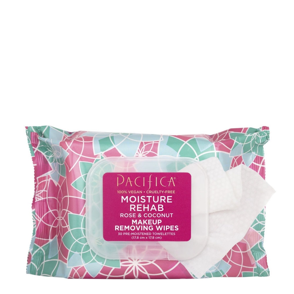 Pacifica Moisture Rehab Makeup Removing Wipes Rose & Coconut Vegan 17.8 x 17.8cm