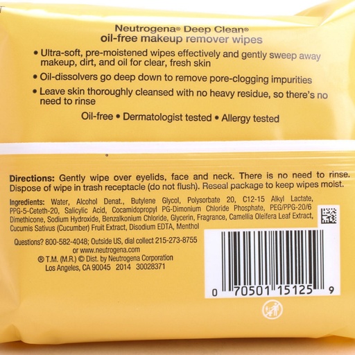 [SKU_1CS323_4B9Z30] Neutrogena Deep Clean Oil-Free Makeup Remover Cleansing Wipes